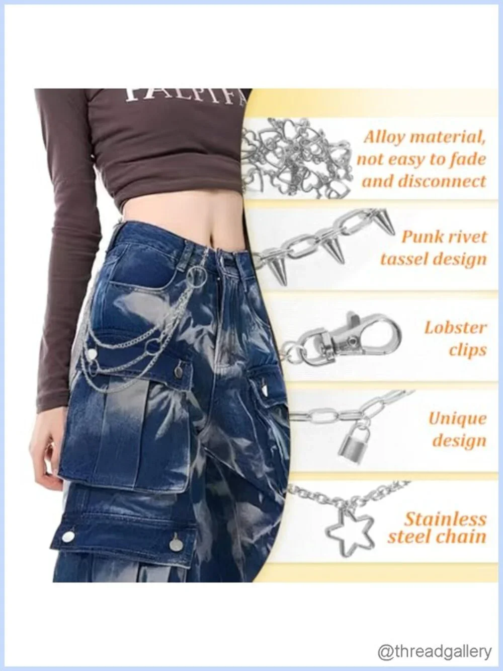 6pc Chain Belt Set Alloy Punk Goth Hip Hop Pants Chains Wallet Chain